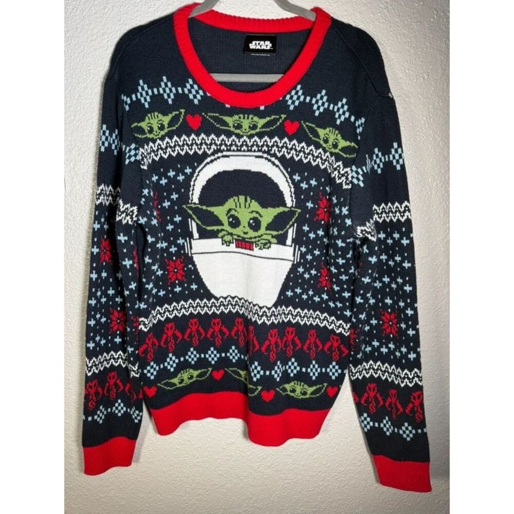 Star Wars Baby Yoda Mandalorian Sweater Mens Large Blue Pattern Ugly Christmas